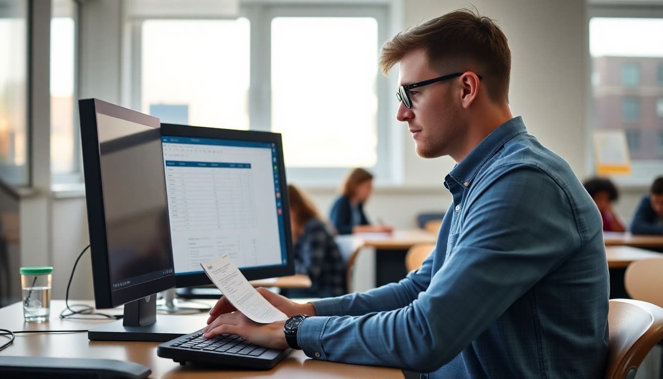 Physics teacher reviewing student grades on a computer screen to prepare a parent communication newsletter