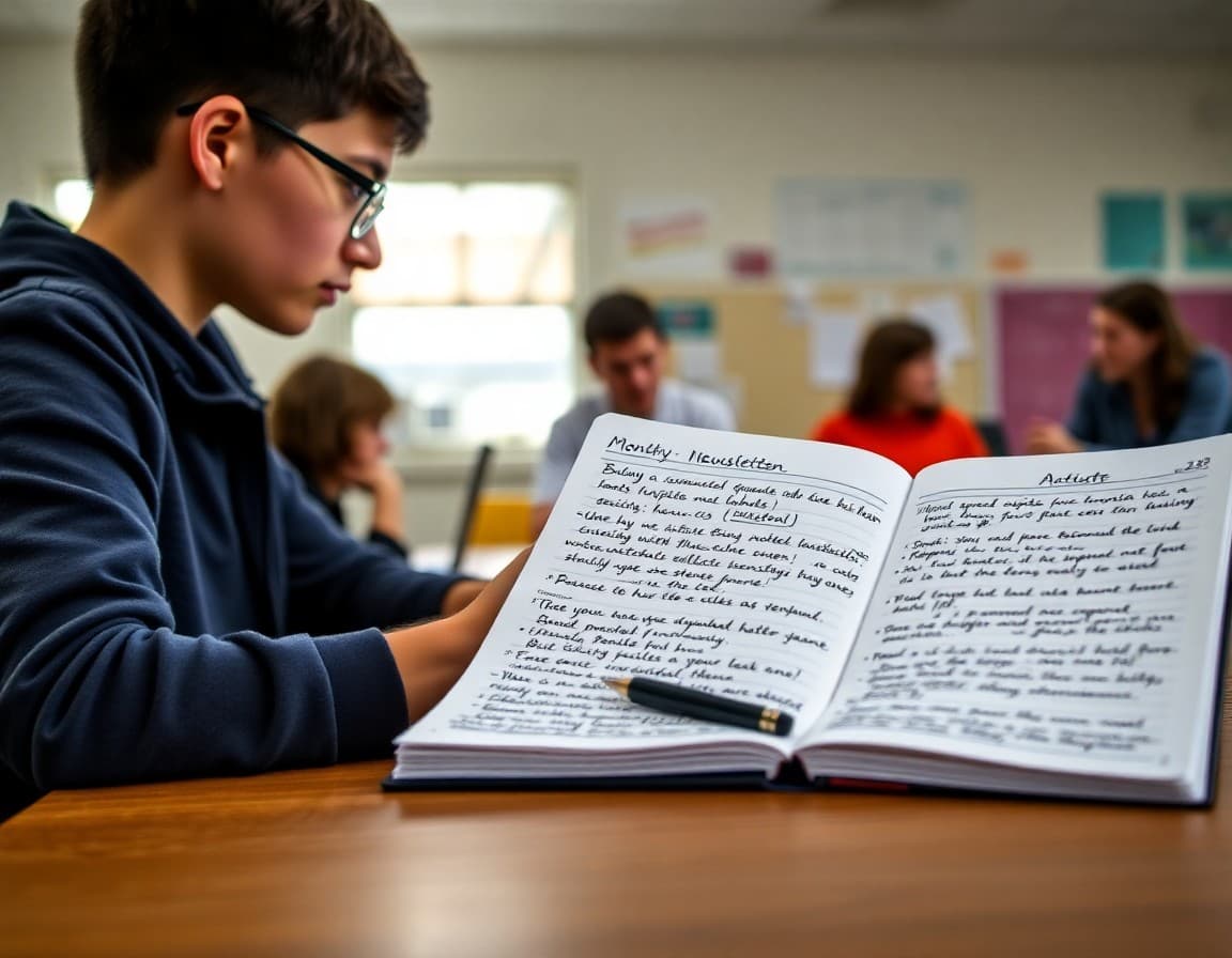 Monthly physics newsletter drafts with unit topic ideas written in a planning notebook