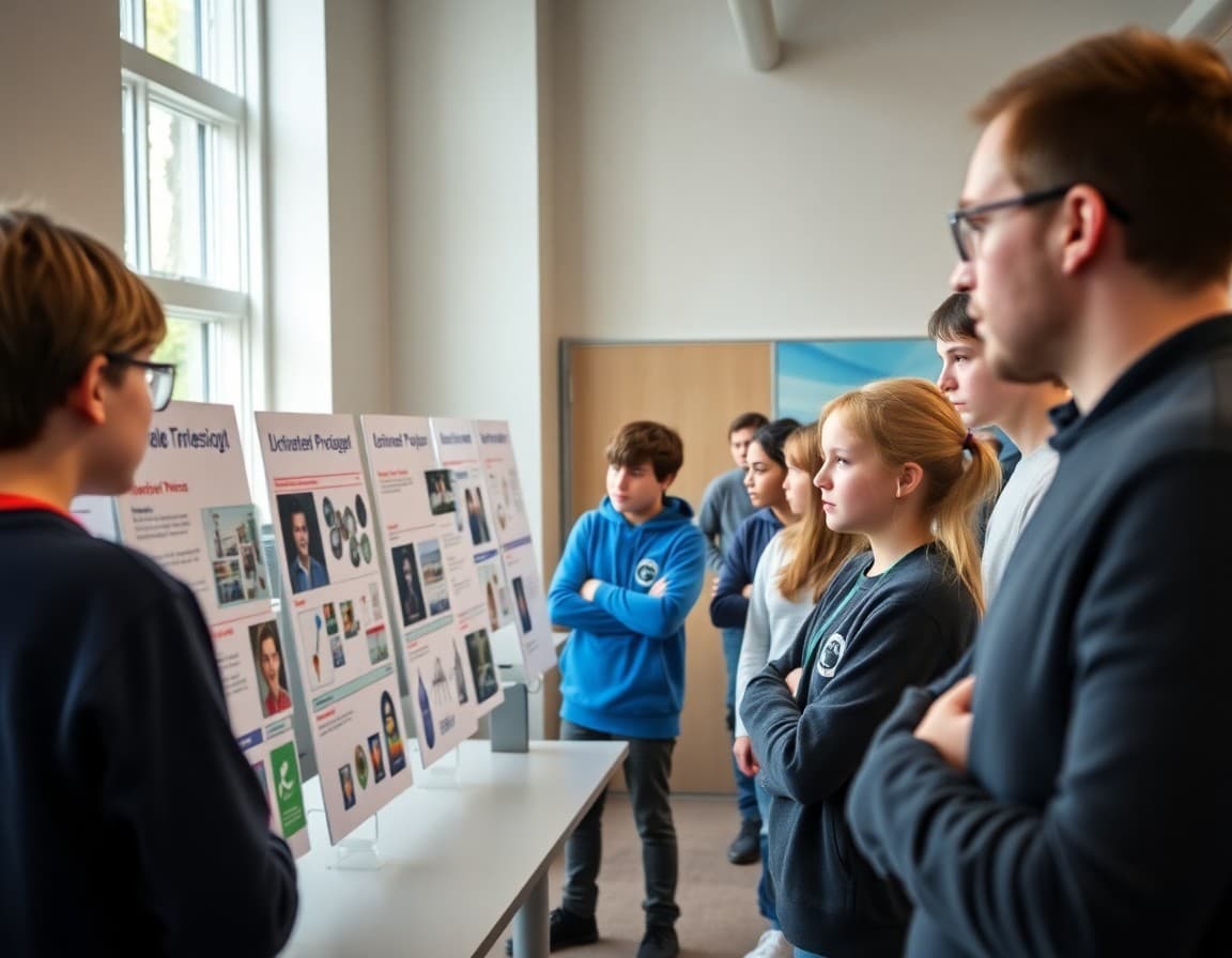 Physics students presenting projects for National Physics Week with teacher and parents viewing the display boards