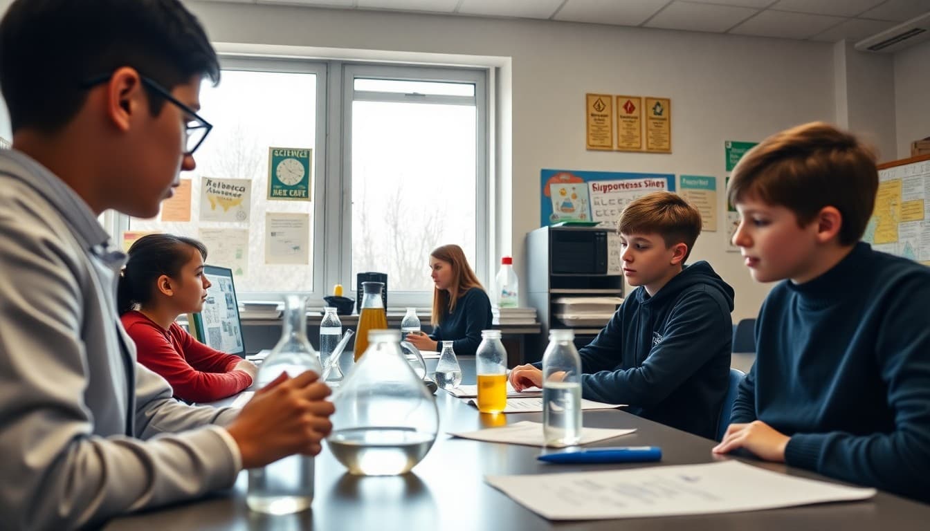 Physics classroom celebrating a national science awareness month with student projects and themed activities displayed
