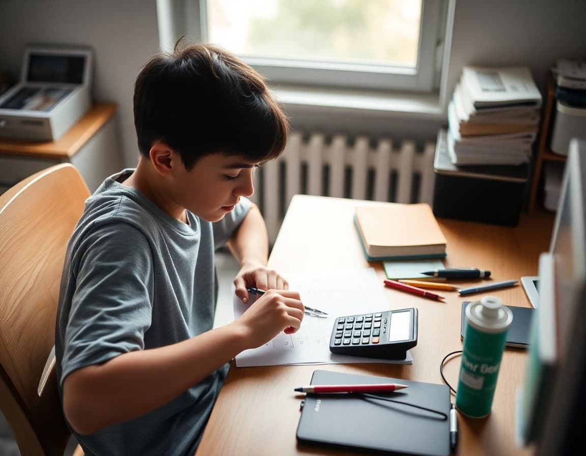 Student working on physics summer review problems at a home desk with a calculator and graph paper