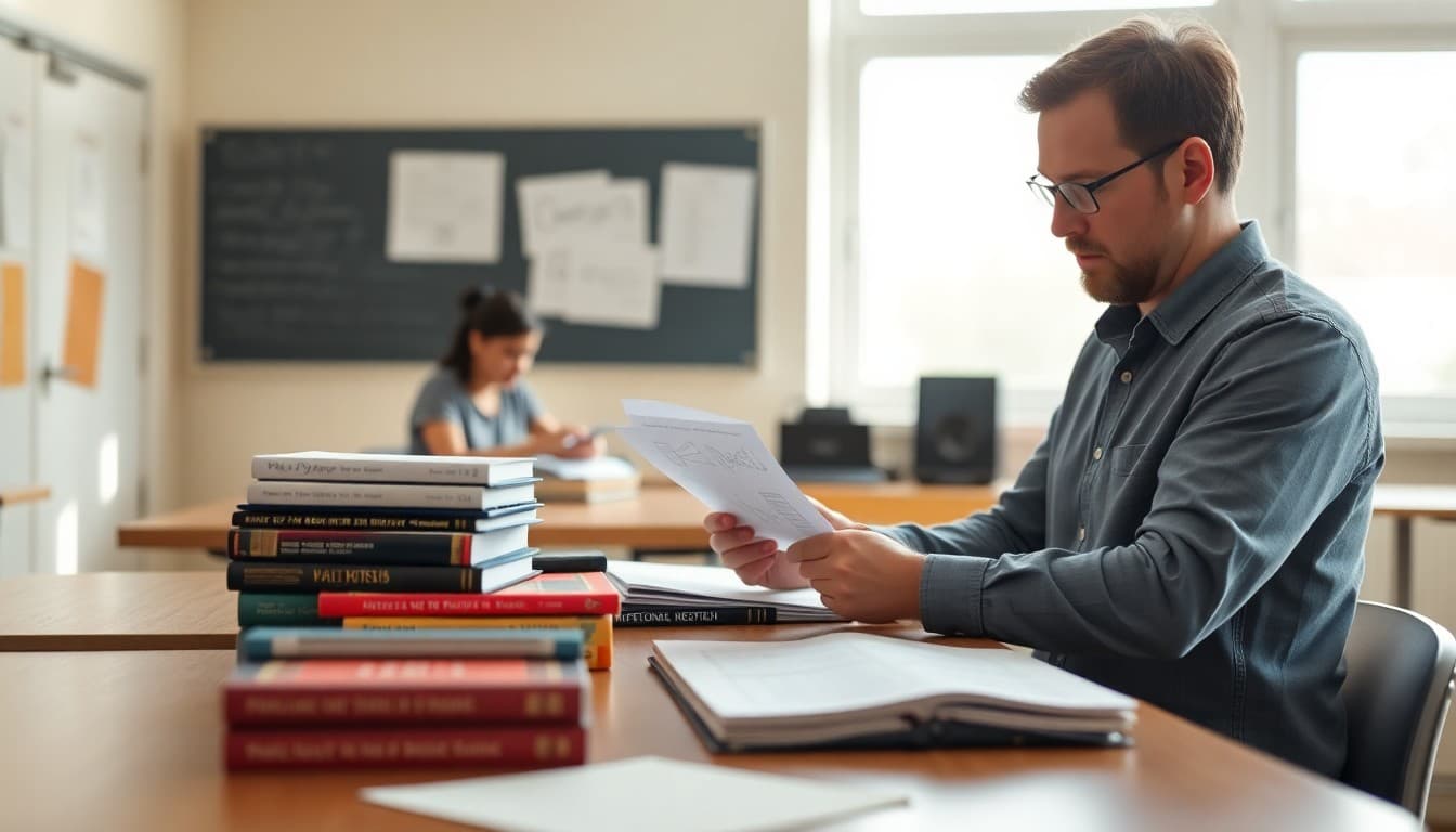 Physics teacher preparing summer review packet at a desk with physics textbooks and formula sheets nearby