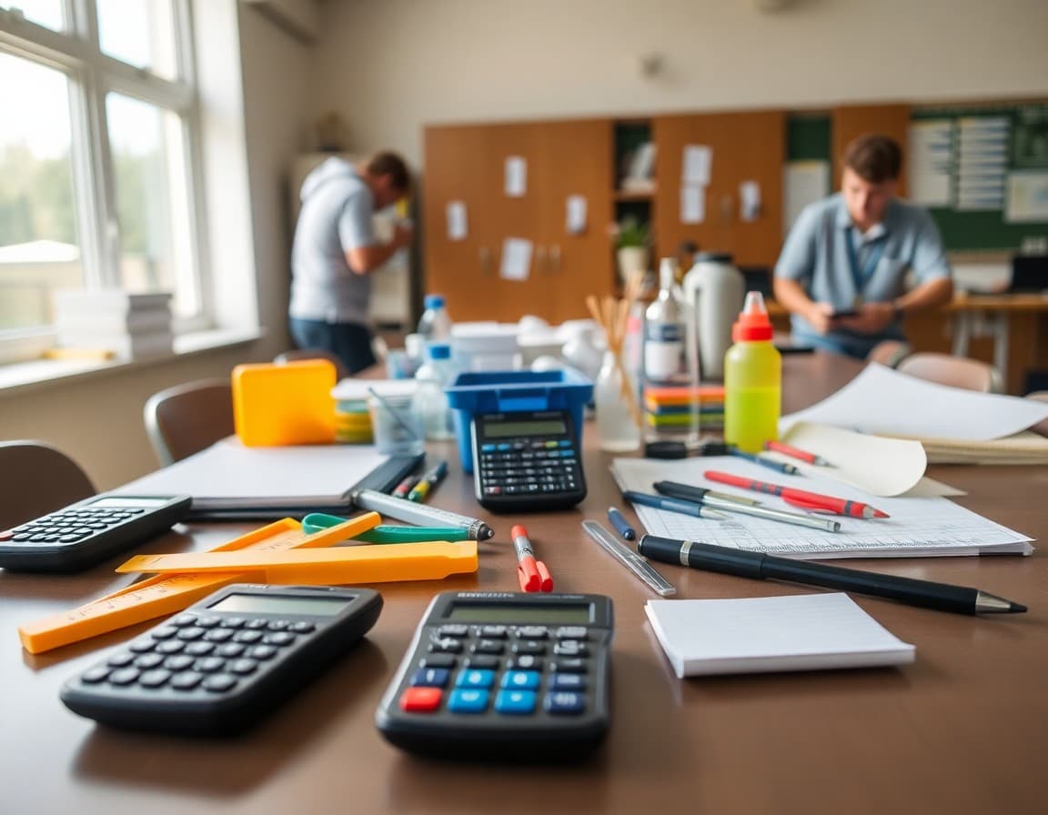 Physics lab supply table with calculators, rulers, graph paper, and safety equipment organized for student use