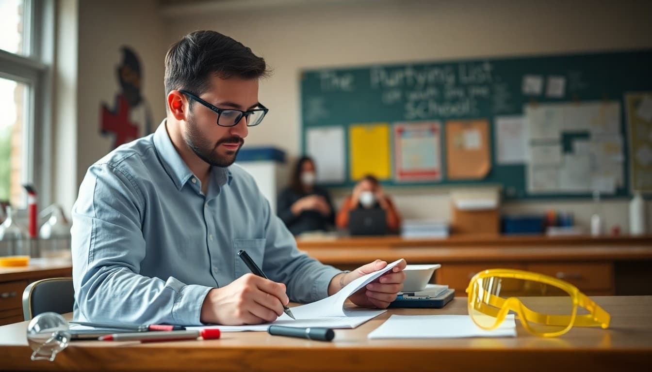 Physics teacher creating a supply list at a school desk with lab equipment and safety goggles visible nearby