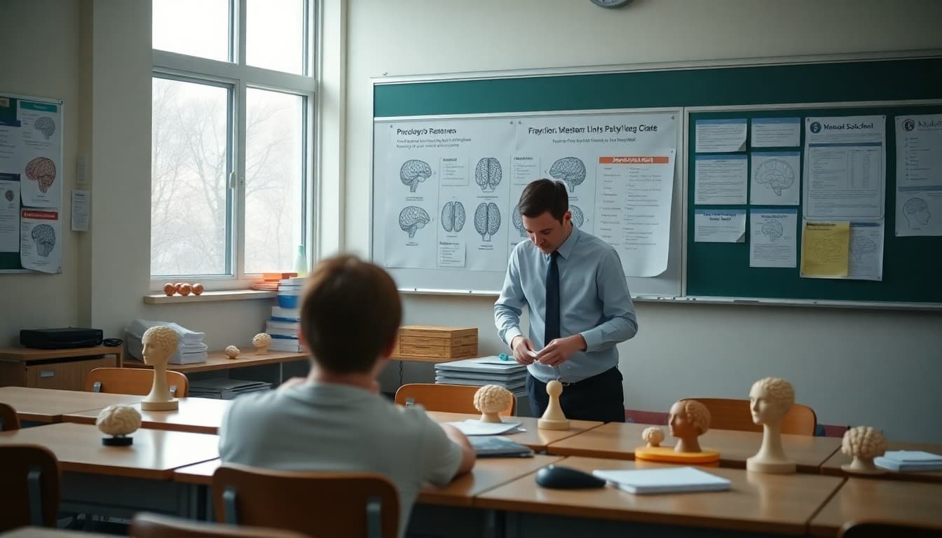 Psychology teacher arranging classroom with brain models and behavioral charts before first day