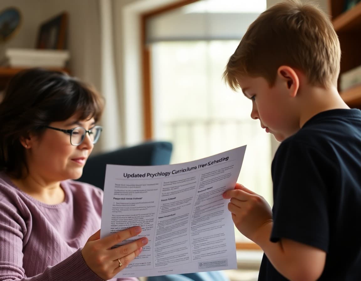 Parent reading updated psychology curriculum newsletter at home with student nearby