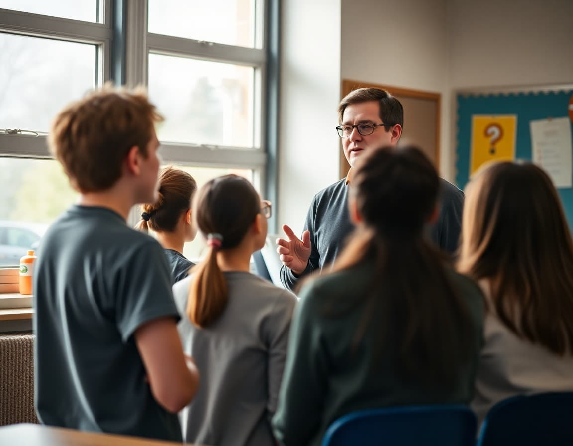 Psychology teacher advisor leading after-school club discussion with engaged student group