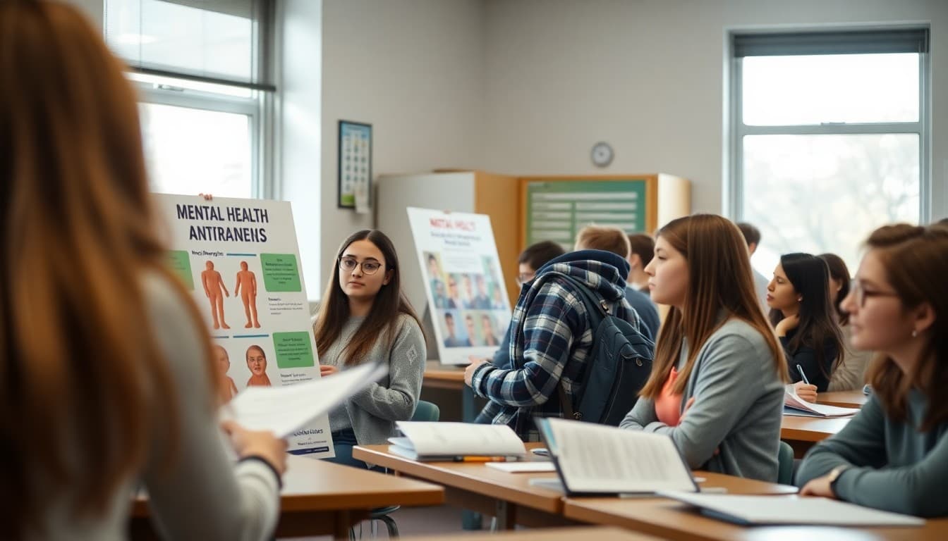 Psychology club students presenting mental health awareness posters to school community