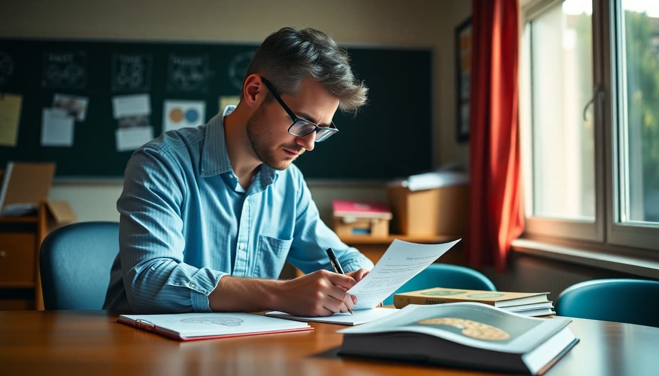 Psychology teacher writing first unit newsletter at desk with brain diagrams and textbook nearby