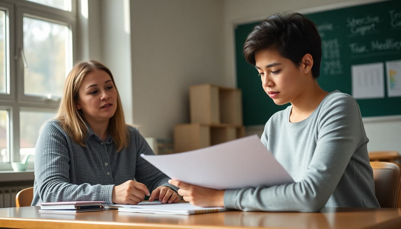 Psychology teacher reviewing student assessment results at desk to prepare family grade report