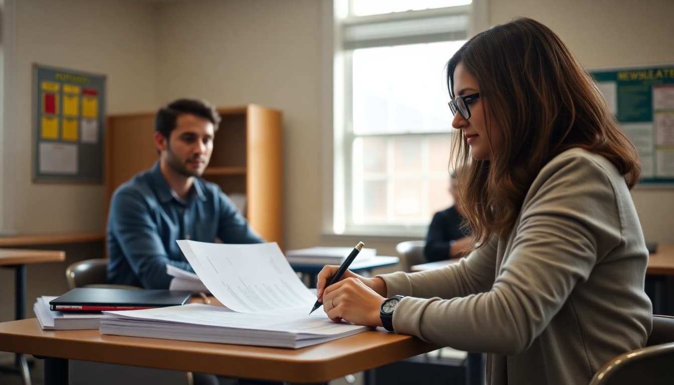 Psychology teacher planning newsletter topics at a desk with course syllabus and research articles