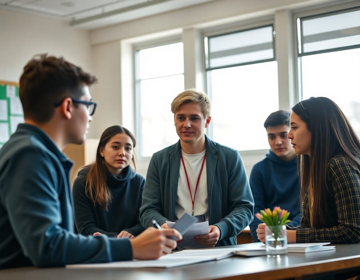 Psychology teacher and students reviewing mental health statistics during awareness month activity