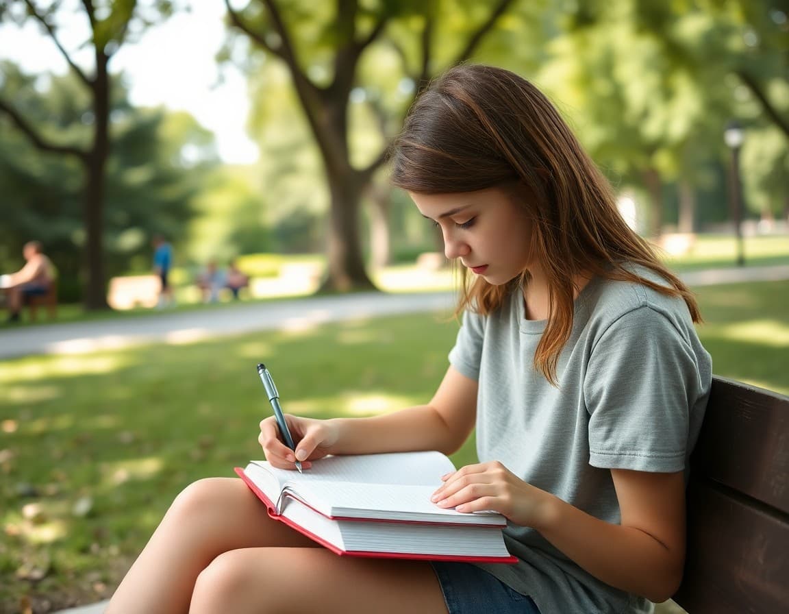 Student writing in a summer psychology observation journal while sitting in a park