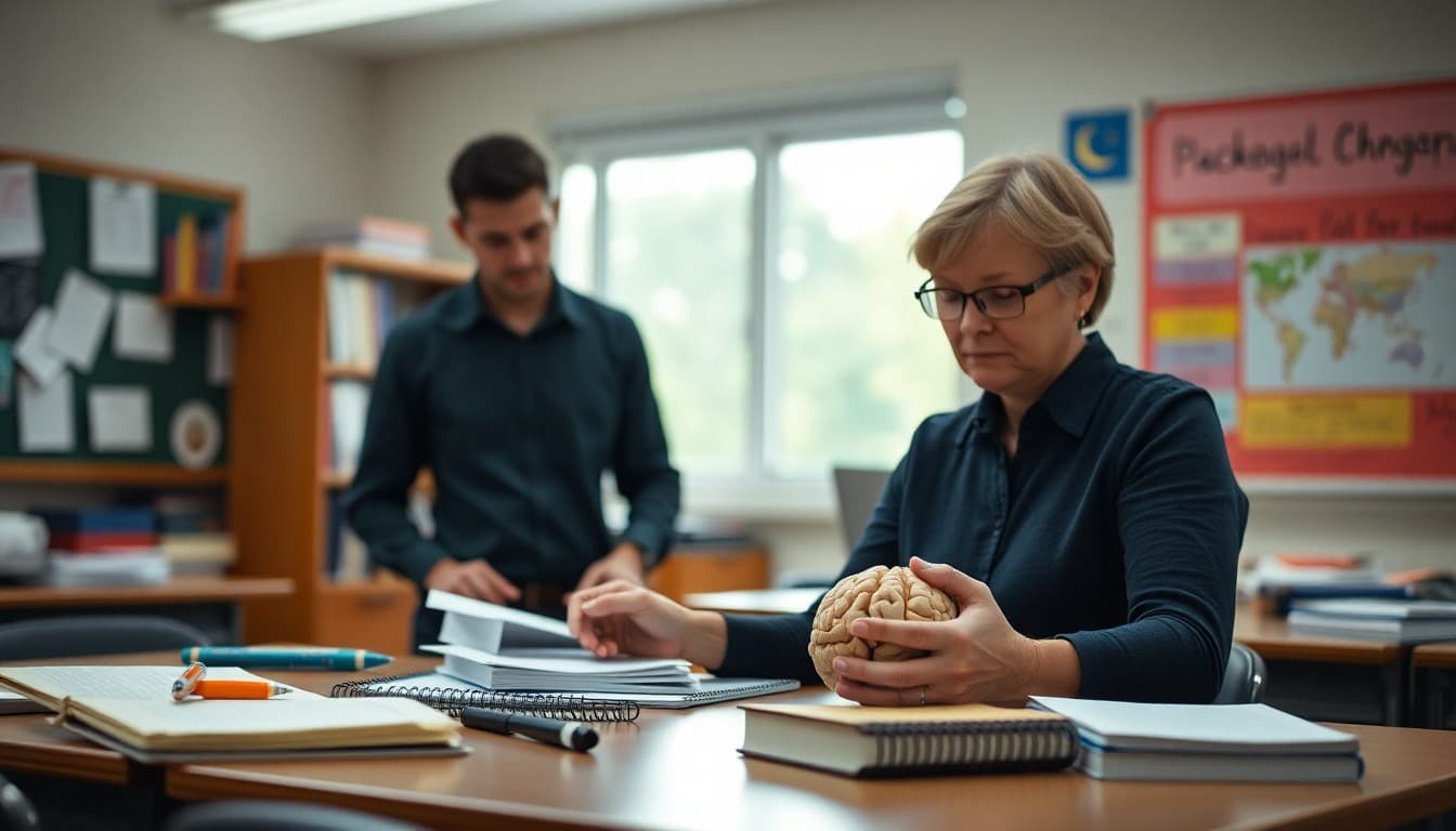 Psychology teacher organizing classroom supplies including notebooks and brain model before semester