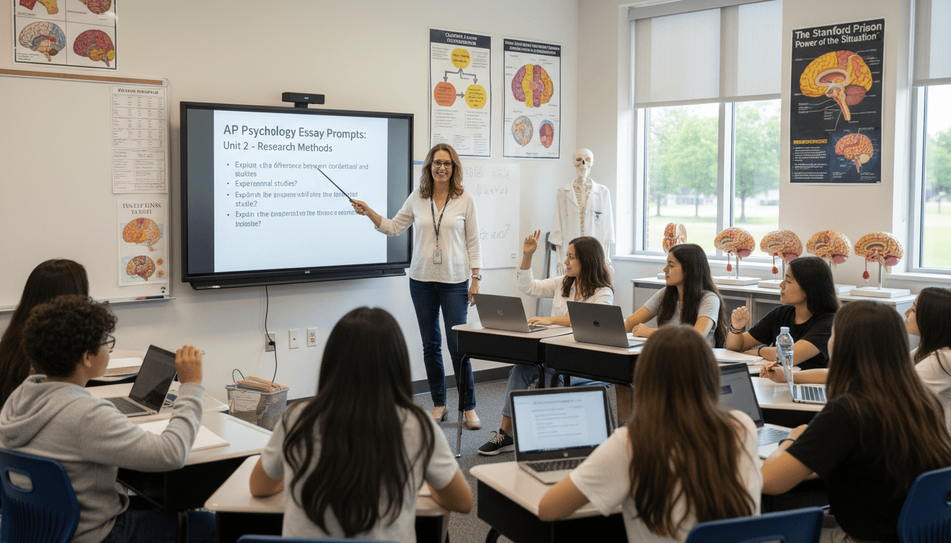 Psychology teacher reviewing AP exam essay prompts and research methods concepts with students preparing for the AP Psychology exam