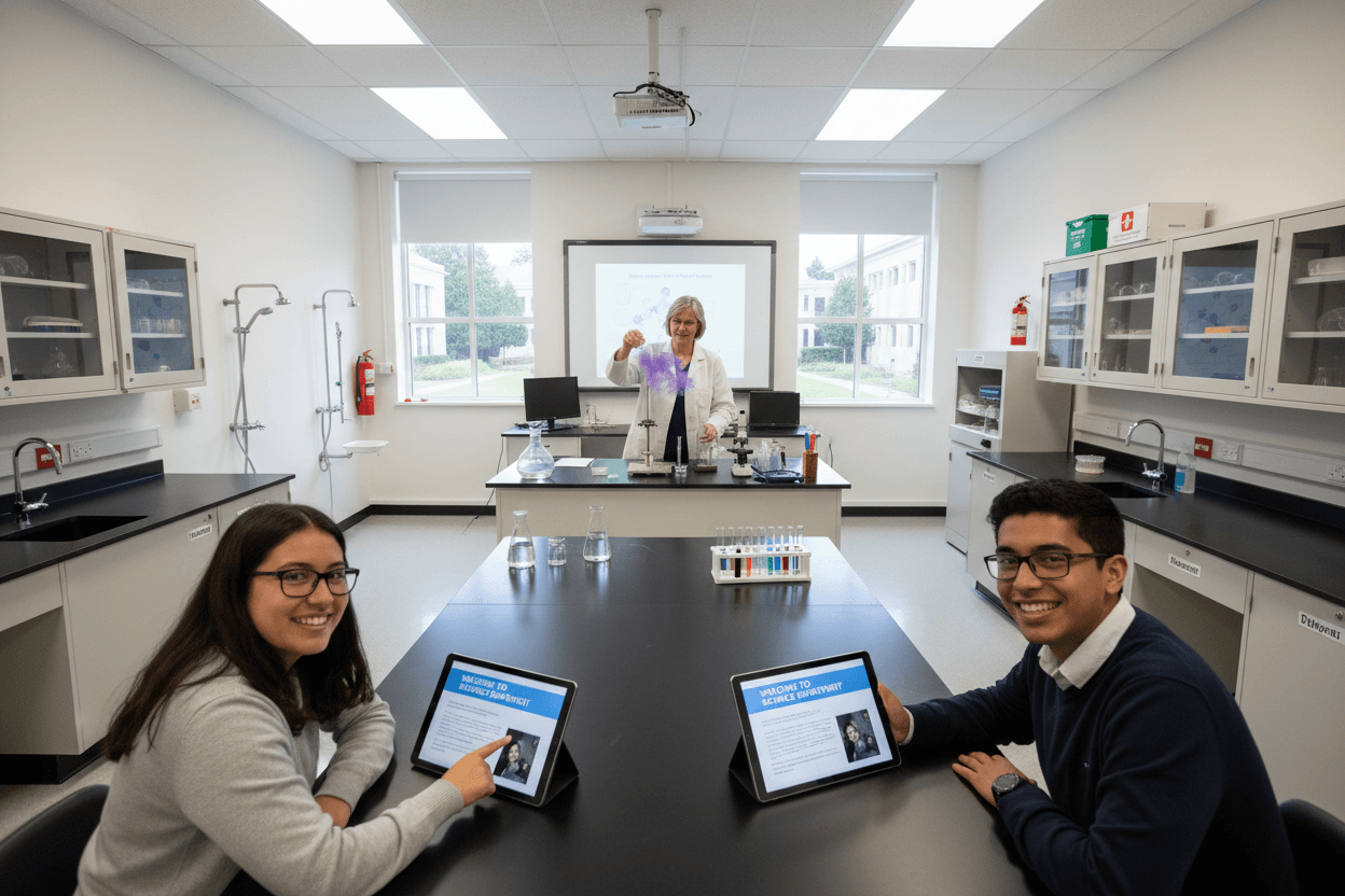 New science students reading a welcome newsletter on their first day, lab safety rules posted on classroom wall behind them