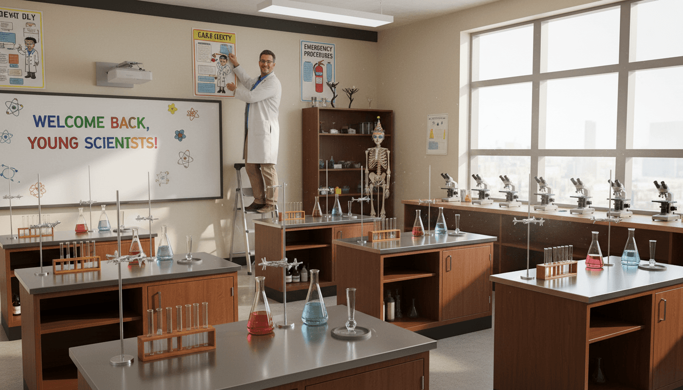 Science teacher arranging lab stations and safety equipment in a bright classroom ready for the first day of school