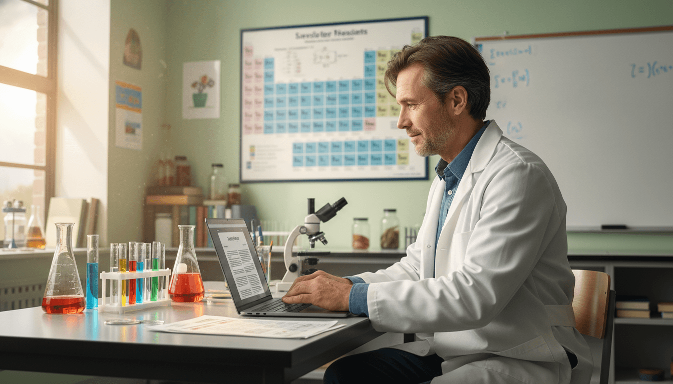 Science teacher at lab bench on first day of school, classroom setting