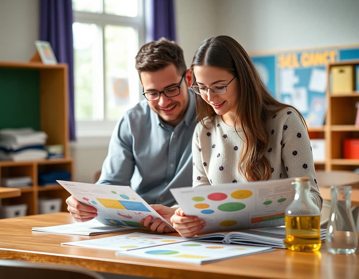 Parent and teacher reviewing new science curriculum materials together at a table