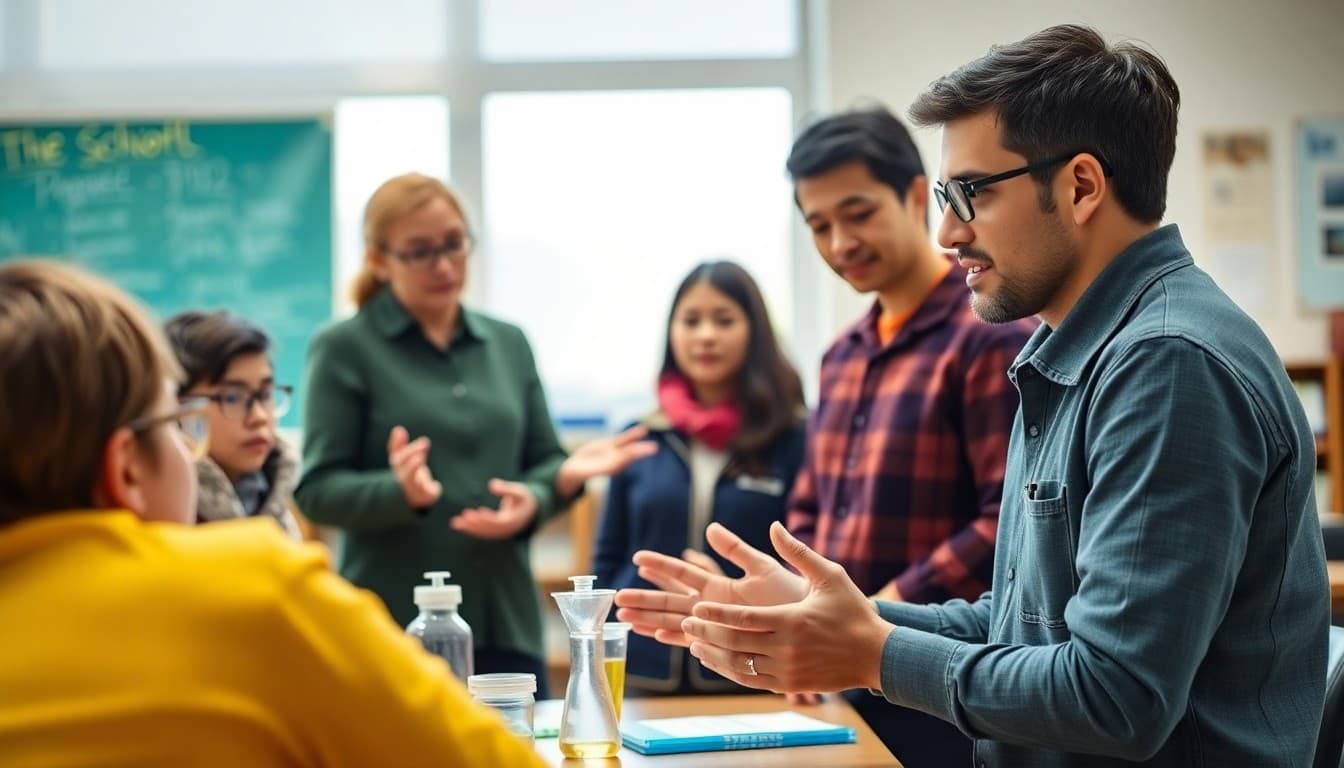 Science teacher explaining a new phenomenon-based curriculum approach to curious parents