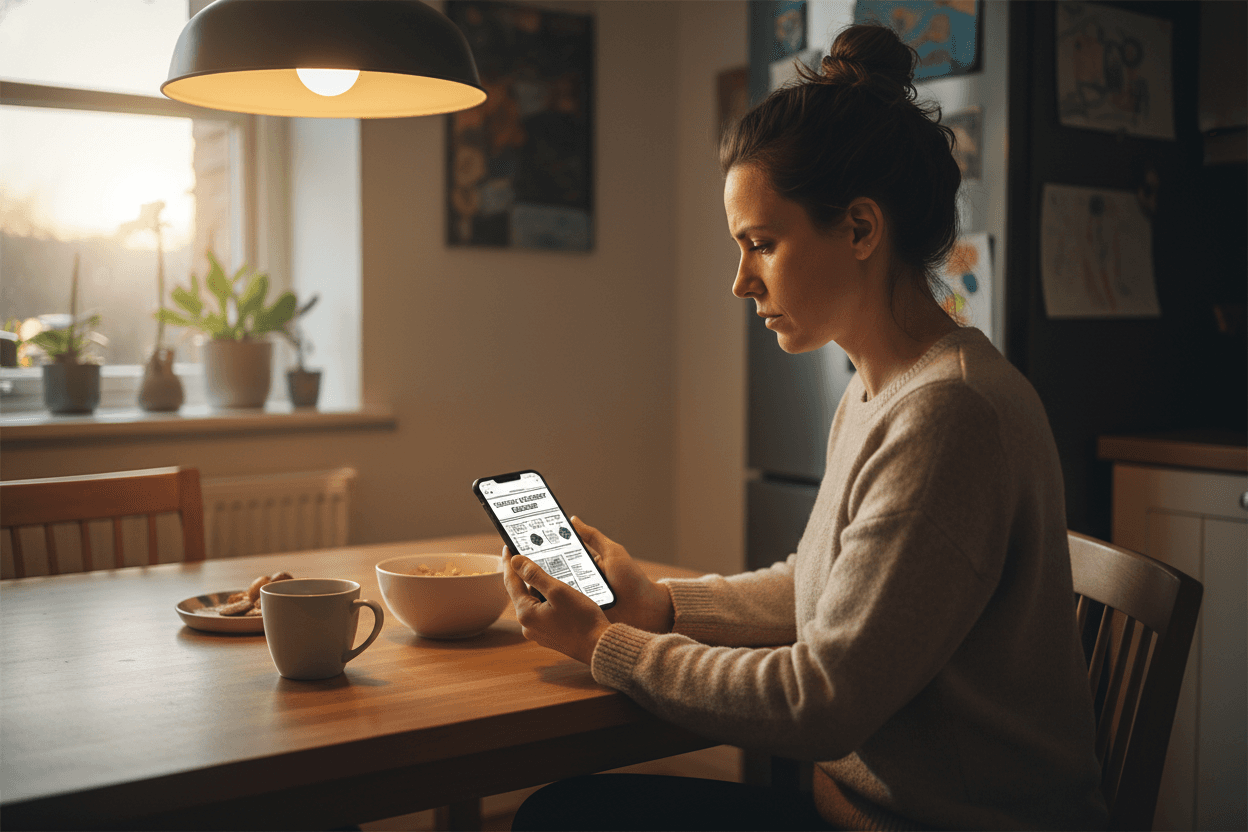 Parent reading well-designed science newsletter on phone at home