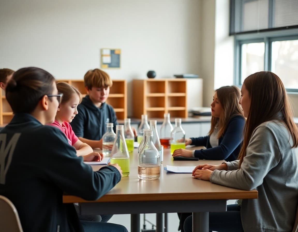 Science club students presenting their experiment results to classmates at a table