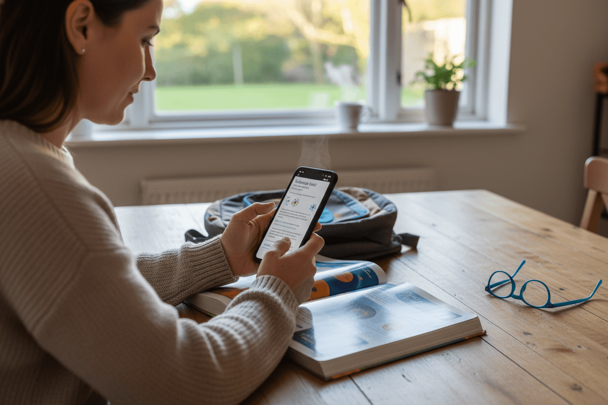 Parent reading science class first unit newsletter on phone at home