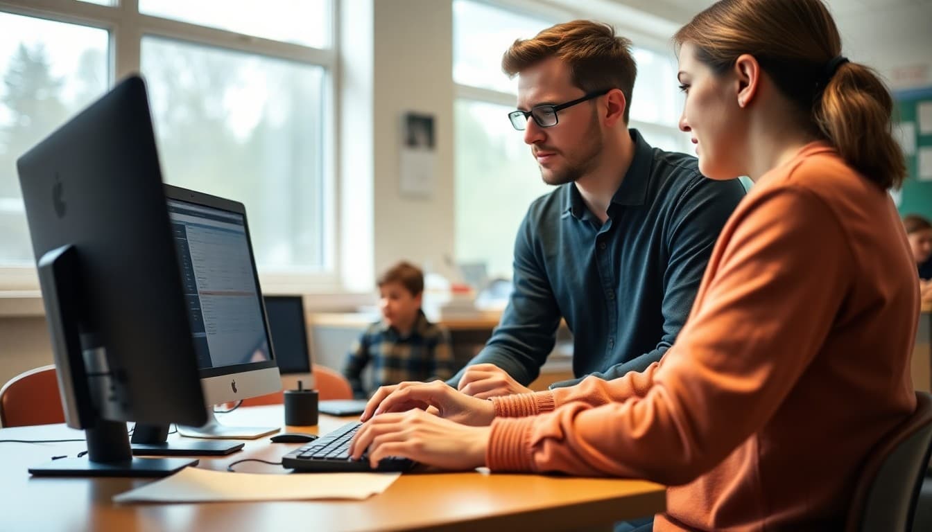Science teacher reviewing student grade reports on a computer before parent communication