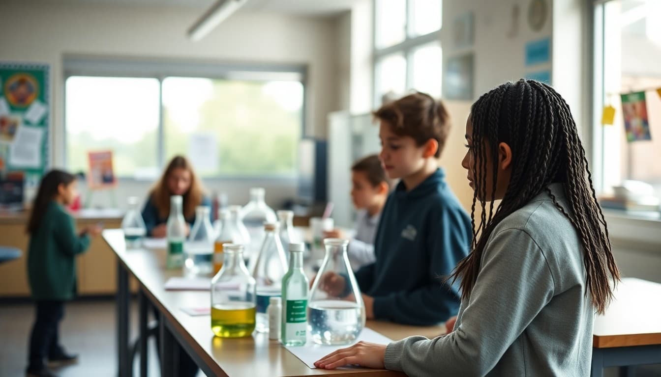 Science classroom celebrating a national awareness month with thematic experiments and displays