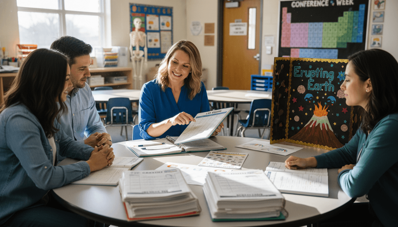 Science teacher sitting with a parent at a table reviewing student lab reports and assessment data during a conference