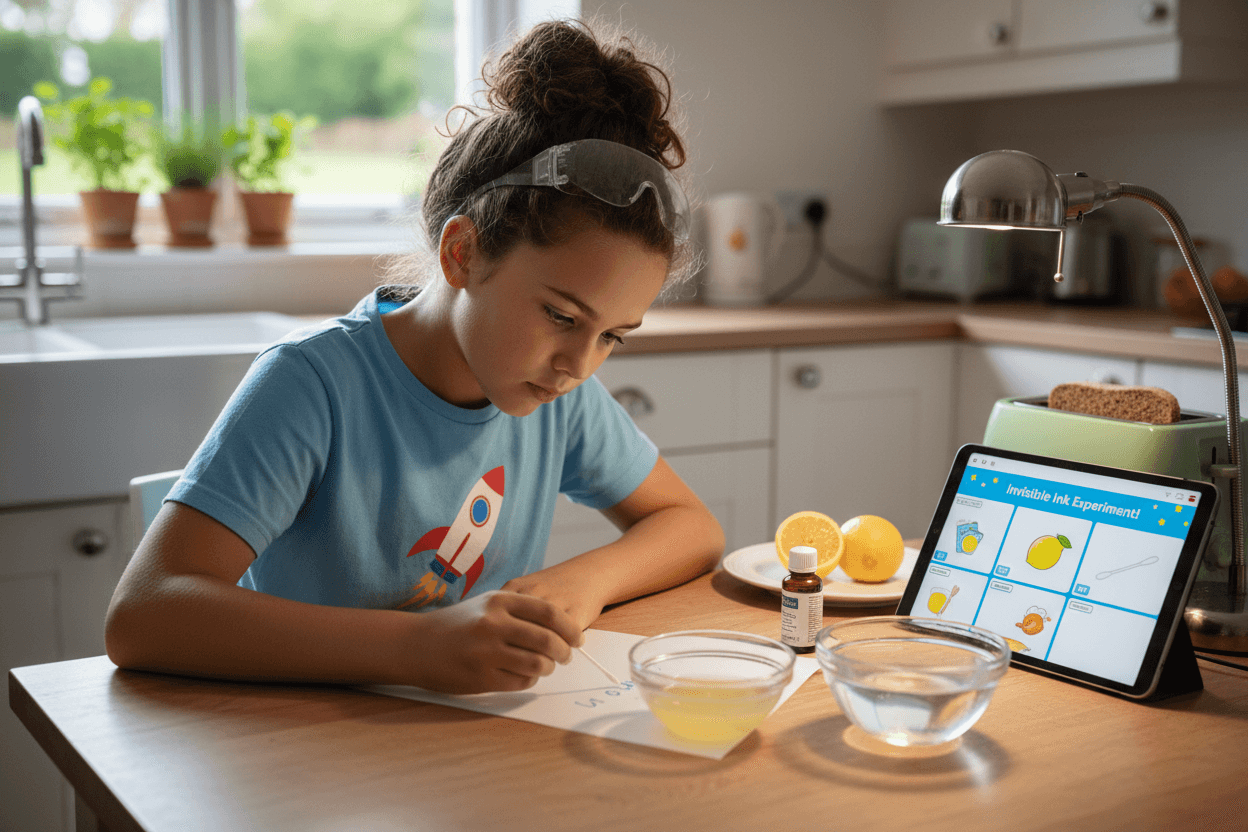 Student performing a science experiment at home following along with a digital instruction sheet from their science teacher