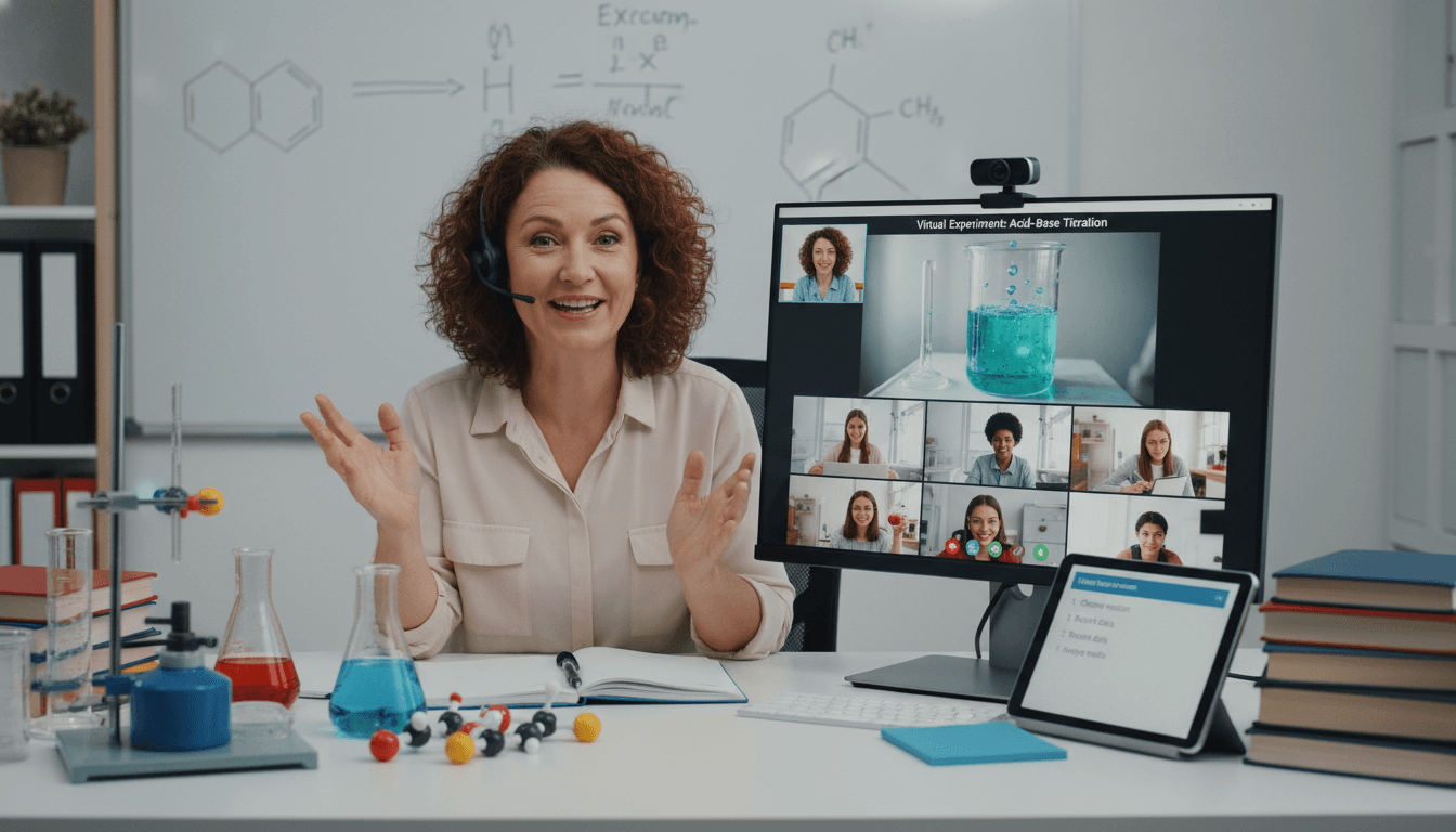 Science teacher conducting virtual lab demonstration on video call with students viewing from home, experiment materials visible on desk