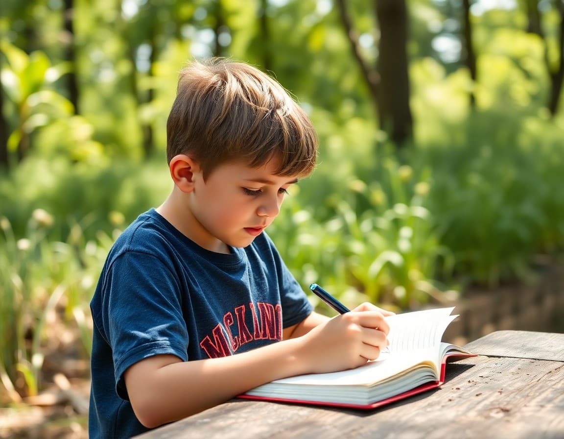 Student completing a science summer observation journal outdoors in natural surroundings