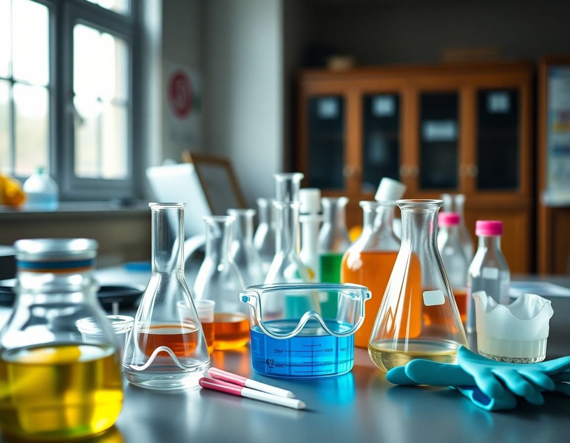Organized science classroom lab supplies including beakers, safety goggles, and gloves