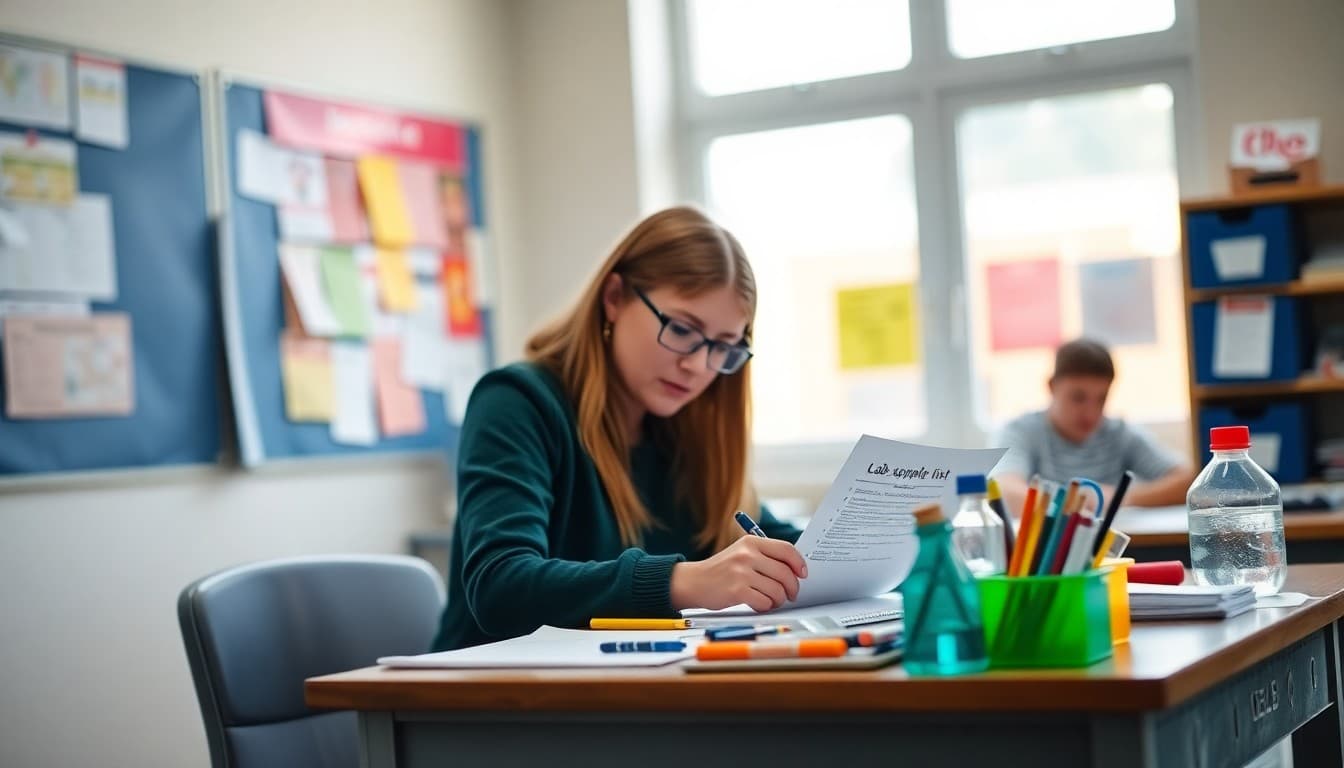 Science teacher organizing lab supply list at a school desk before sending parent request