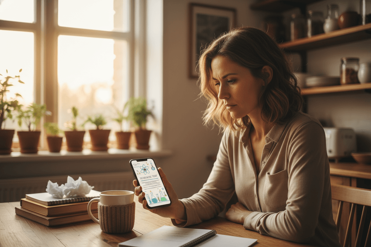 Parent reading science test prep newsletter on phone at home