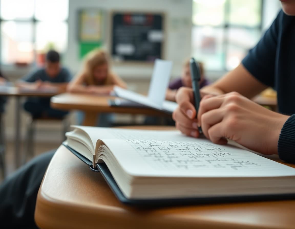 Close-up of student draft in composition notebook with teacher feedback visible