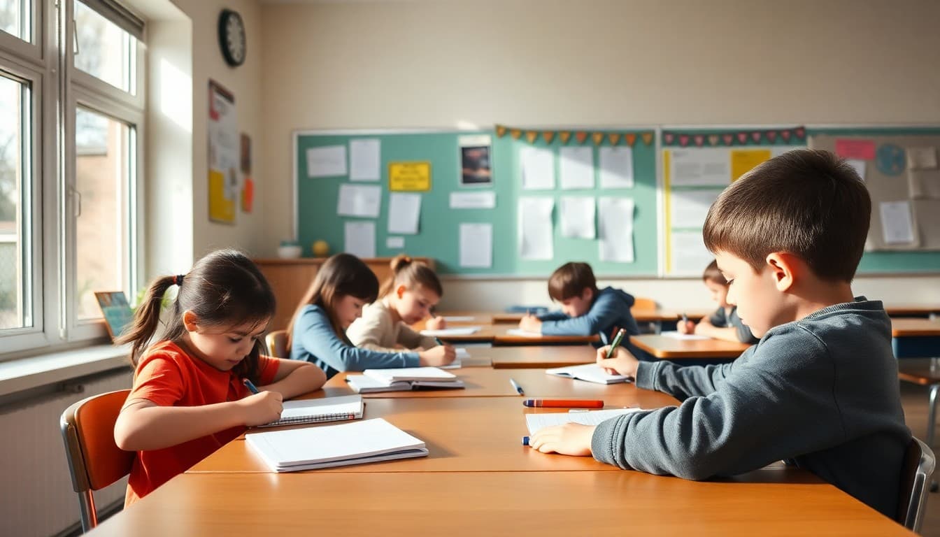 Students writing in notebooks at desks in a bright September classroom with writing samples on display
