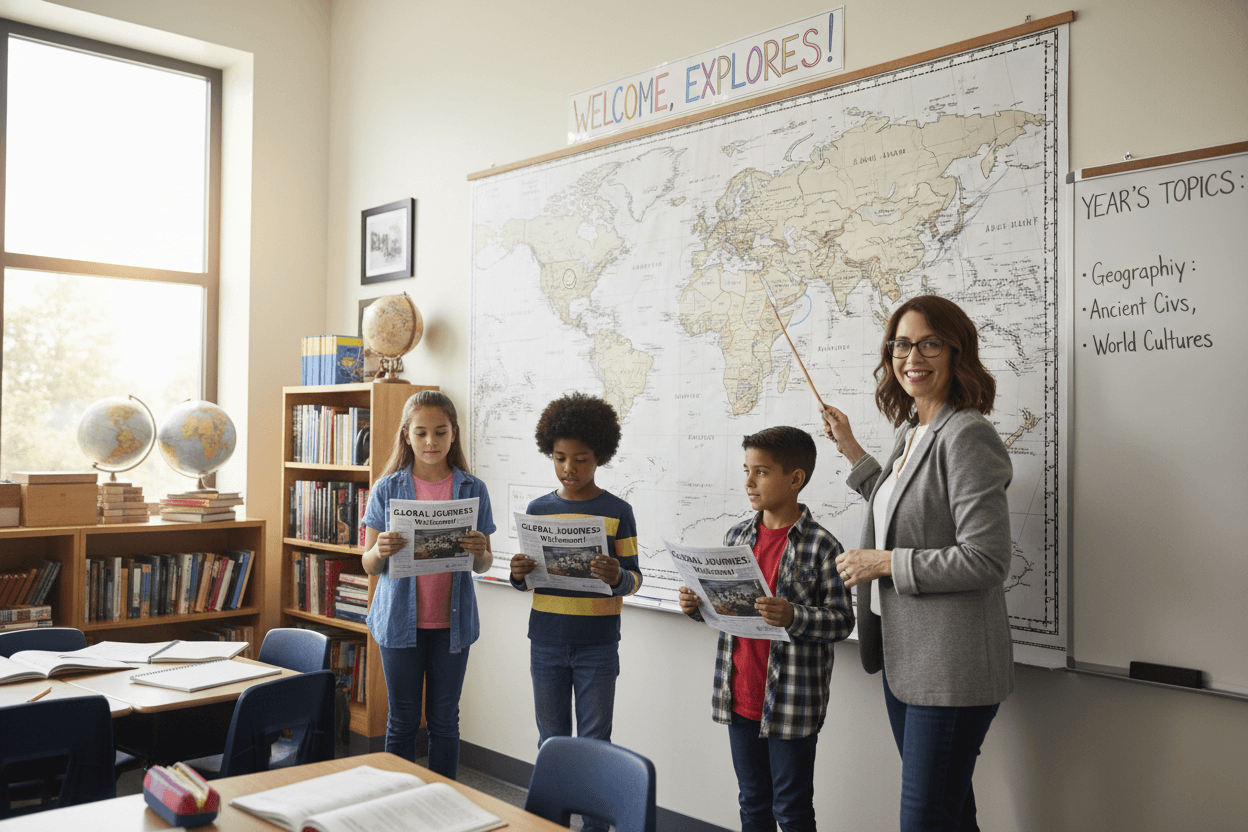 New social studies students reading a welcome newsletter while exploring a classroom map wall on their first day
