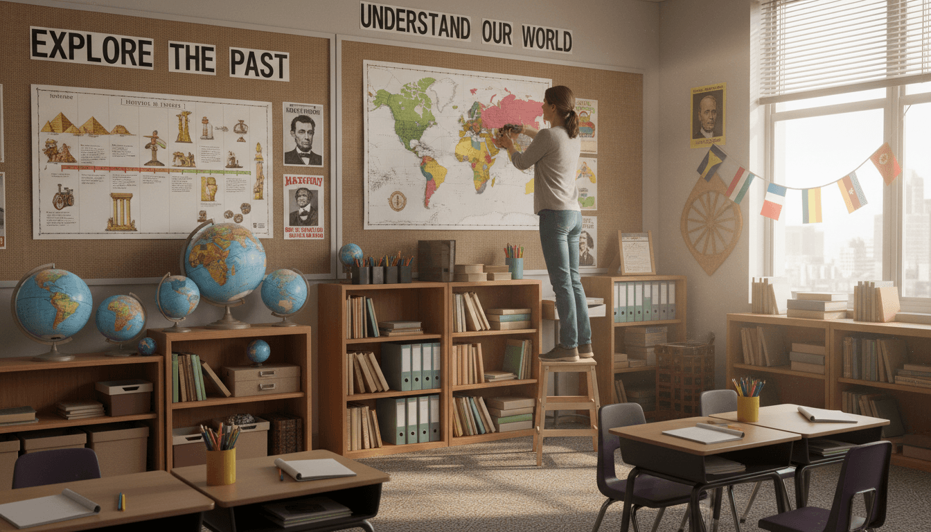 Social studies teacher arranging globe, maps, and historical timelines in a bright classroom decorated and ready for the new school year