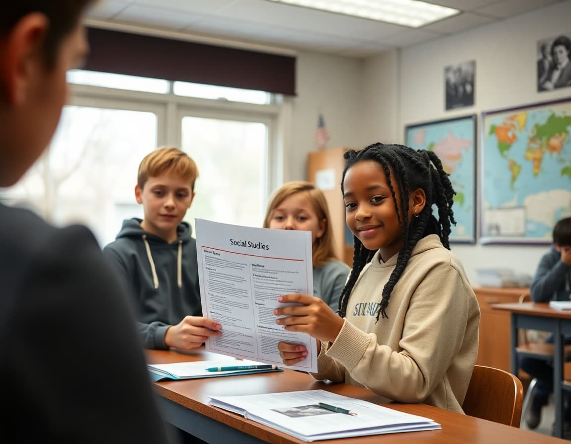 Students receiving their first social studies course newsletter in a classroom with maps and historical photographs on the walls