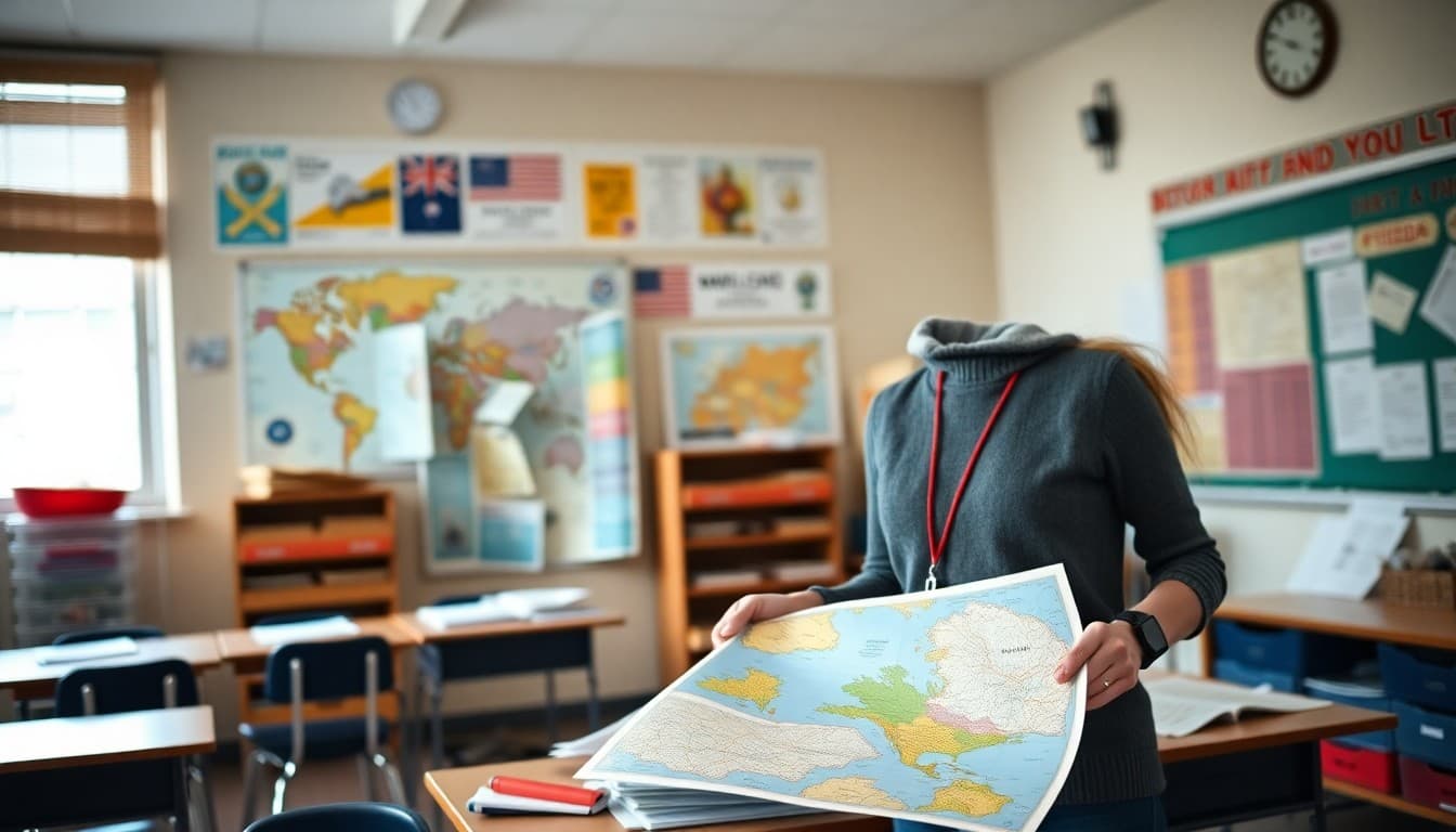 Social studies teacher arranging world maps and historical primary source documents in classroom before first day of school