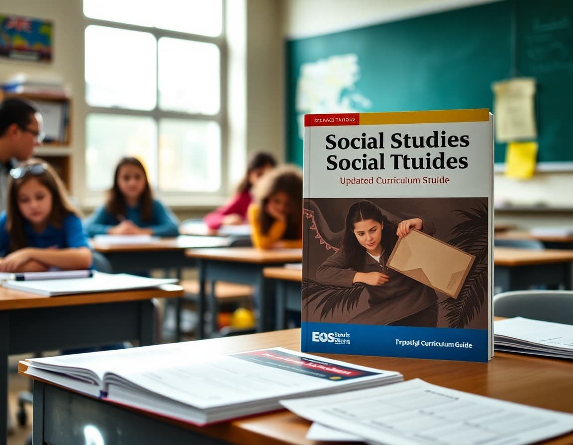 New social studies textbook and updated curriculum guide on teacher's desk with student activity materials