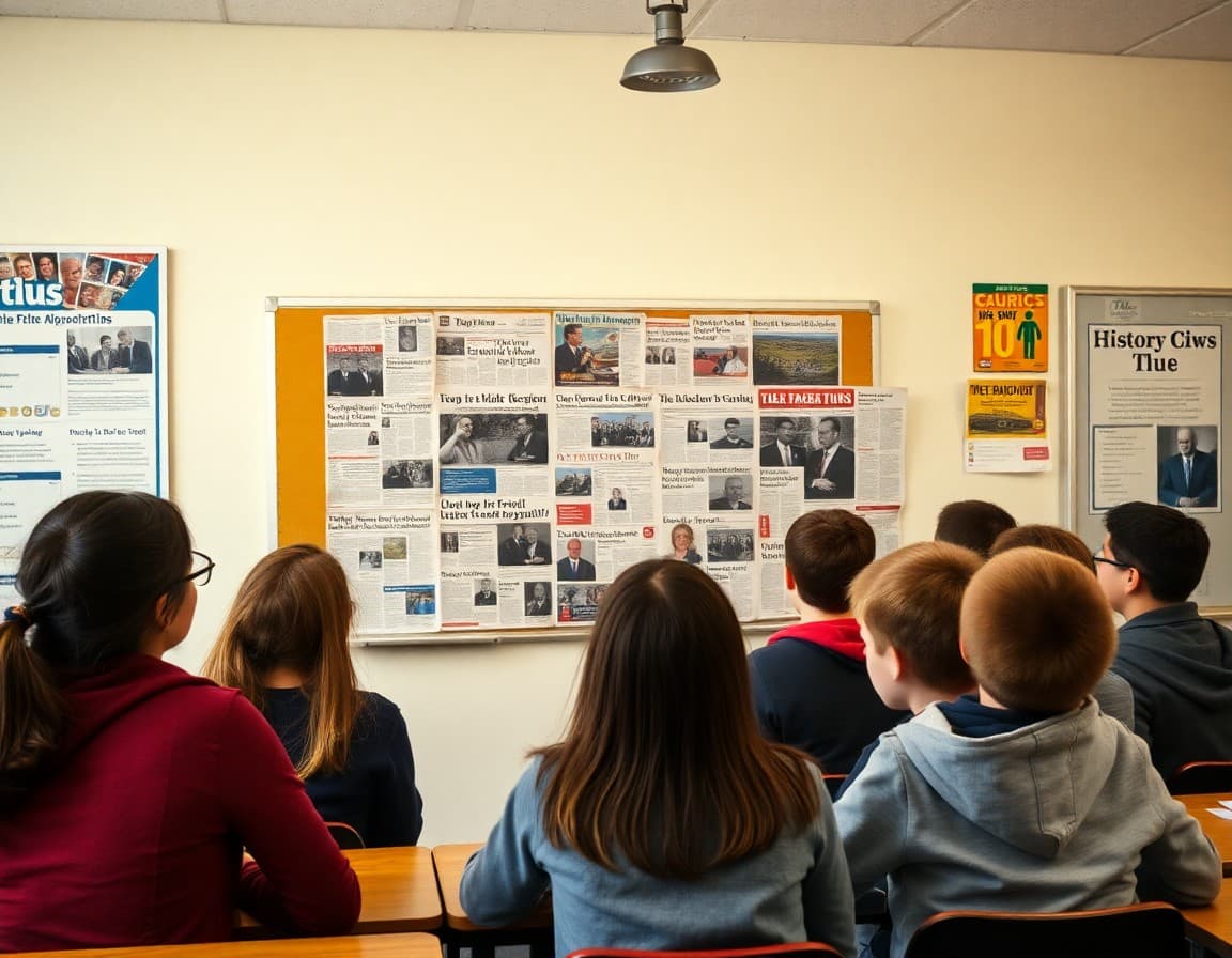 Students gathered around a current events newspaper collage on classroom wall for history club discussion