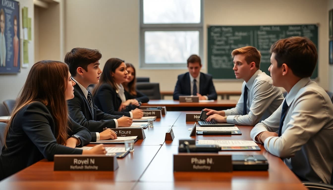 High school students in formal attire practicing Model UN debate with country nameplates on conference table