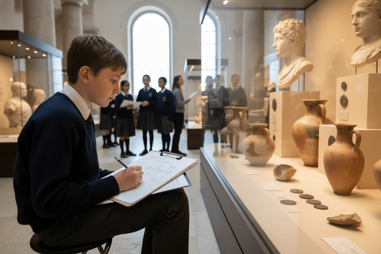 Student sketching historical artifacts at a museum during a social studies field trip, clipboard and notes visible
