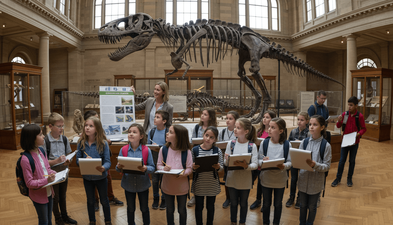 Students on a social studies field trip at a historical museum examining exhibits about local or national history