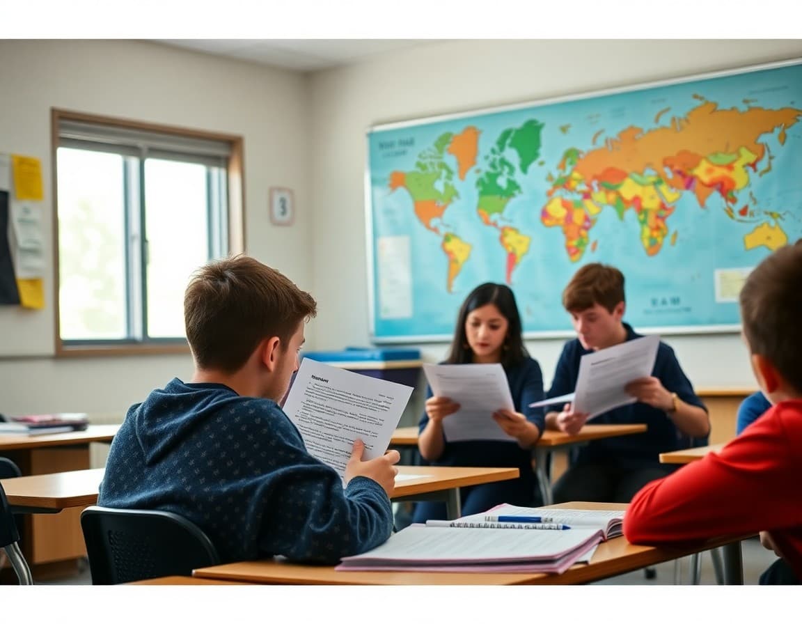 Students analyzing primary source documents in social studies class with world map displayed on classroom wall