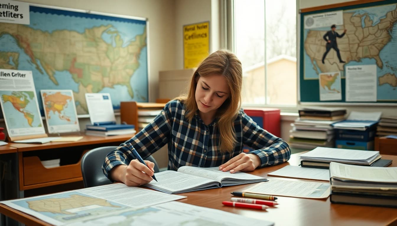Social studies teacher writing first unit newsletter at desk surrounded by historical maps and primary source documents