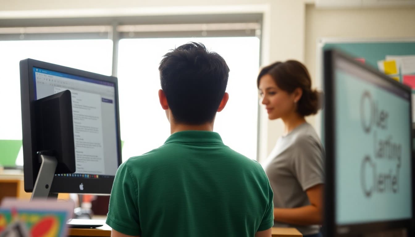 Social studies teacher reviewing student essay grades on computer screen to prepare parent communication
